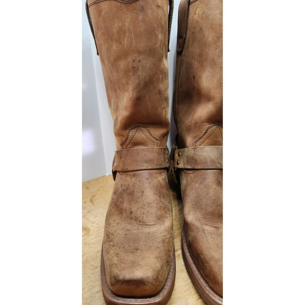 Dingo Dean Tan Harness Boots Square Toe Biker Pull On Brown Distressed Size 11 D